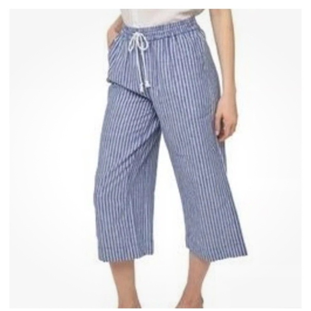 Beachlunchlounge Womens Small Blue White Striped Linen Blend Wide Leg Crop Pants